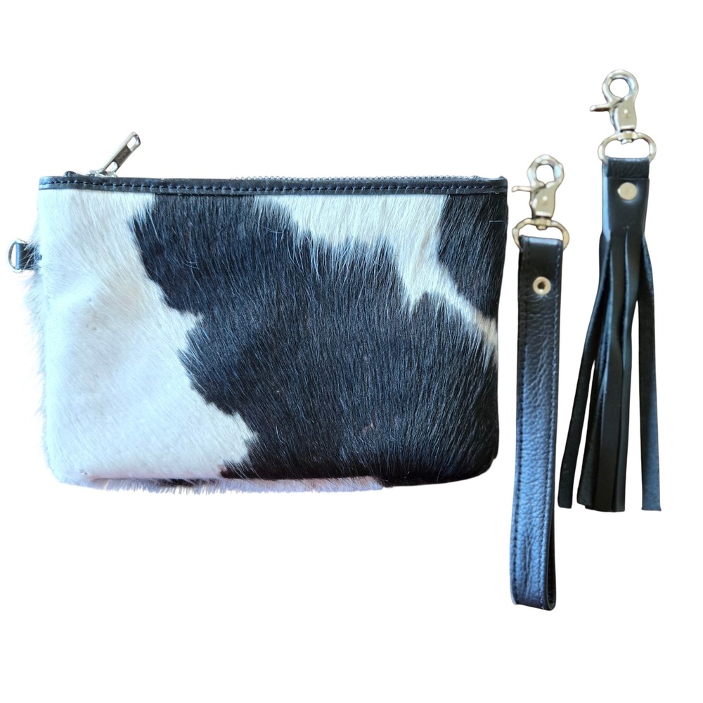 Cowgirl Chic Cowhide Wristlet Clutch Black White Spotted Leather Hair Tassel Bag - Picture 3 of 5